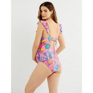 One-Piece Ruffled Maternity Swimsuit- Pink Floral-XS